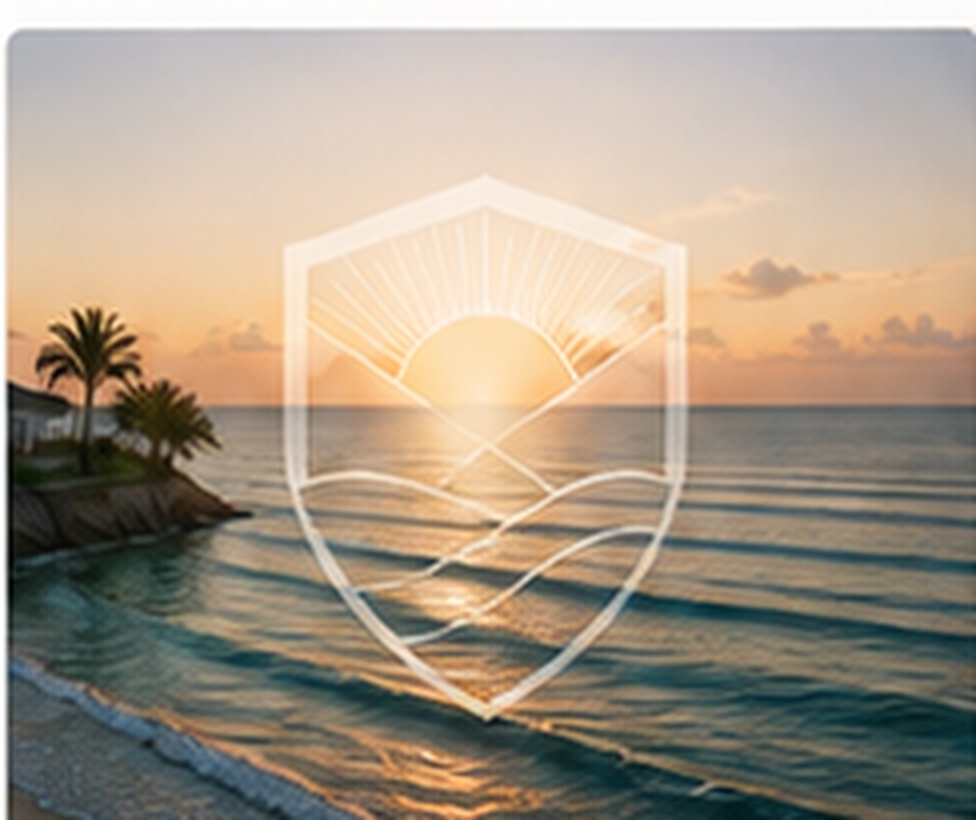 Mar ao entardecer com símbolo Vale Mar Seguros